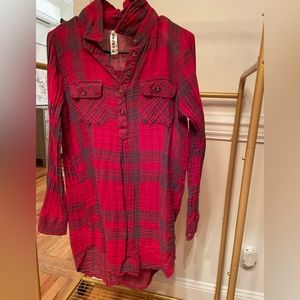 Adorable red and grey long button up plaid shirt/dress